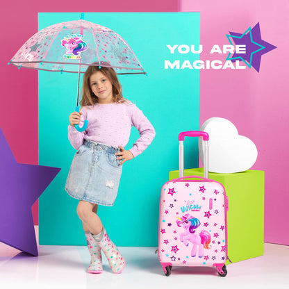 PERLETTI Unicorn Kids Suitcase Pink - Kids Trolley Carry-On Lightweight 4 Wheels and Combination Lock - Hard Shell Cabin Trolley for Girls - Travel Luggage Lufthansa Ryanair 51x35x20 cm (Unicorn Pink, XS)