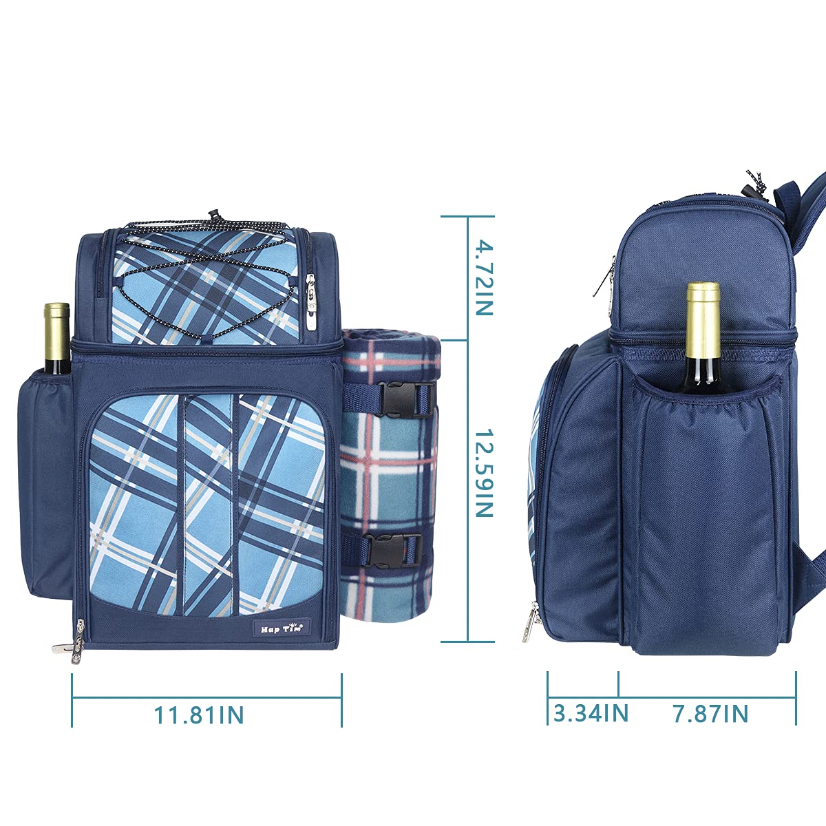 Hap Tim picnic basket backpack for 2 people with insulated leakproof cooler compartment, wine holder, fleece blanket, cutlery set, perfect for beach camping party (EU-36083-BL)