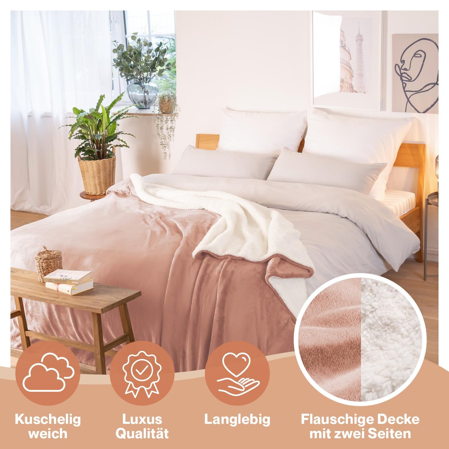 Blumtal Premium Sherpa Cuddly Blanket fluffy 220x240 cm - Oeko-Tex certified Sofa Blanket with Thick Sherpa Inner Layer - super soft Blanket extra thick and warming - Cozy Fleece Blanket - Dusty Pink