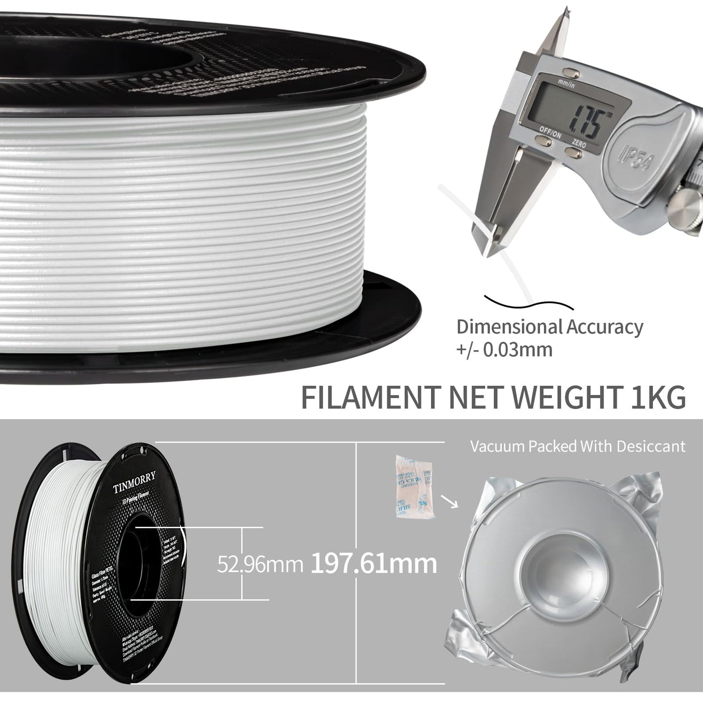 TINMORRY fiberglass-reinforced PETG filament 1.75mm, high impact resistance PETG GF 3D printing filament, durability & stiffness, suitable for most FDM 3D printers, 1 KG 1 coil, Frosted White