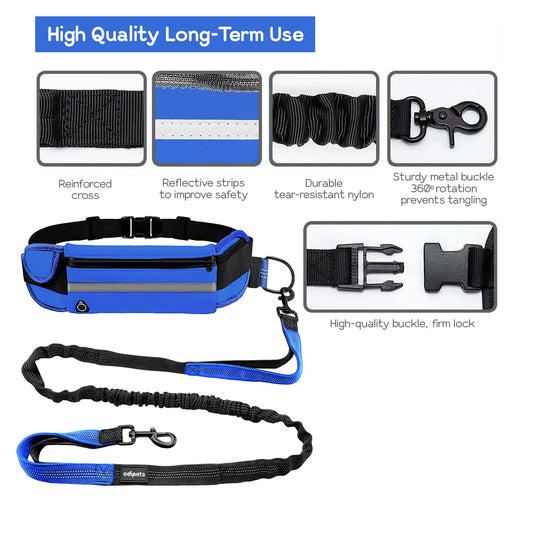 Edipets, Hands-free Jogging Leash for Dogs, Running, Hiking, Adjustable Belt, Anti-stress, Reflective, 160-220 cm (Blue)