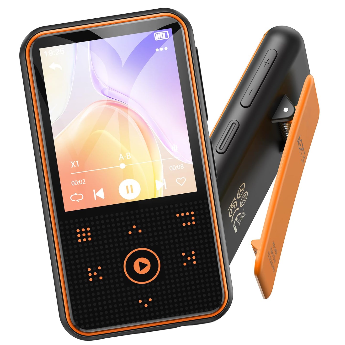 AGPTEK 64GB MP3 player with sport clip, Bluetooth 5.3 player with 1.8-inch TFT color screen, mini music player with touch buttons, FM radio, pedometer, supports up to 128GB SD card, orange