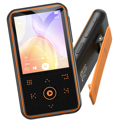 AGPTEK 64GB MP3 player with sport clip, Bluetooth 5.3 player with 1.8-inch TFT color screen, mini music player with touch buttons, FM radio, pedometer, supports up to 128GB SD card, orange