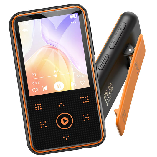 AGPTEK 64GB MP3 player with sport clip, Bluetooth 5.3 player with 1.8-inch TFT color screen, mini music player with touch buttons, FM radio, pedometer, supports up to 128GB SD card, orange
