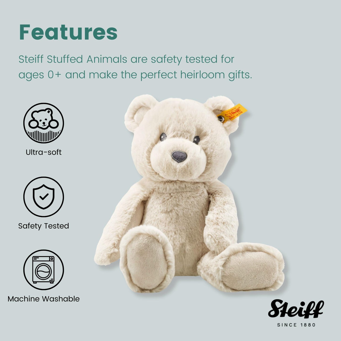 Steiff Bearzy Teddy bear beige 28 cm, cuddly toy teddy, plush bear for cuddling and playing for babies & children, Soft Cuddly Friends, plush toy for delicate baby skin, machine washable
