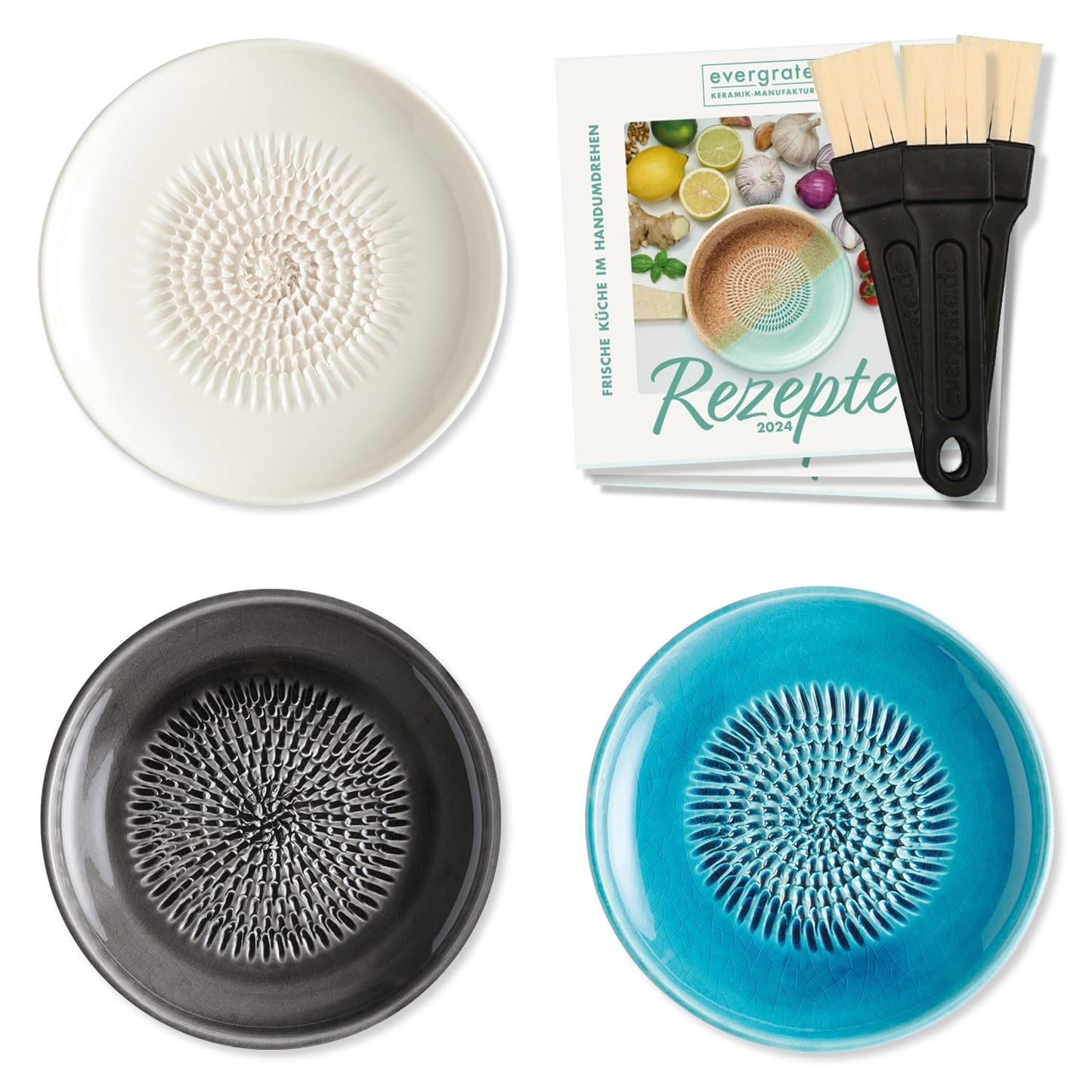 Evergrate ceramic grater 3-piece gift set - cream white, anthracite, turquoise with kitchen brushes and recipe booklets.