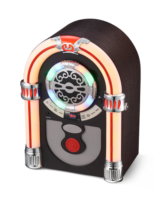 Retro Jukebox music box with CD player | Nostalgic 50s design | Bluetooth 5.0, FM radio, AUX-IN | 16W stereo speakers & color-changing LED | Vintage wood look for home, bedroom & office