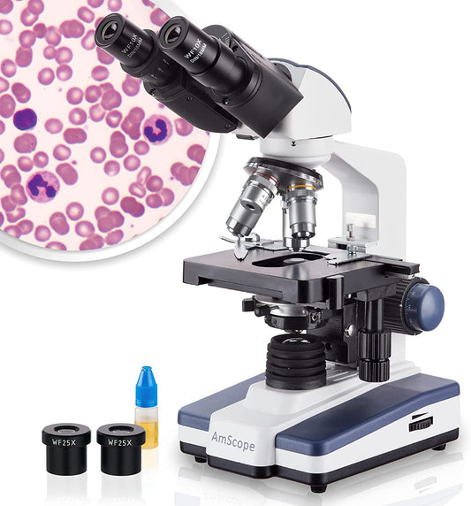 Amscope 40x-2500X digital binocular compound microscope with multiple objectives, x/y mechanical stage, Abbe condenser with iris diaphragm.