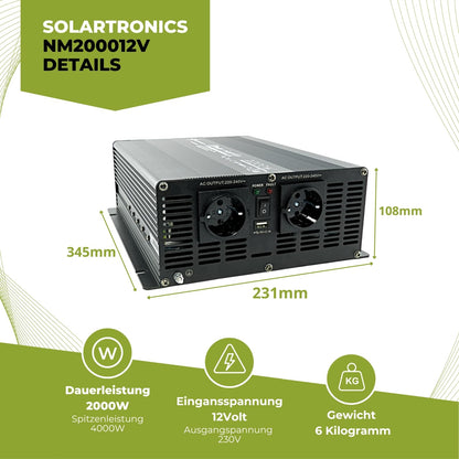 solartronics Voltage Converter Inverter NM 2000-4000 Watt 12V to 230V black USB Schuko Garden Camping RV (2000 Watt 12v - with 10m cable remote control)