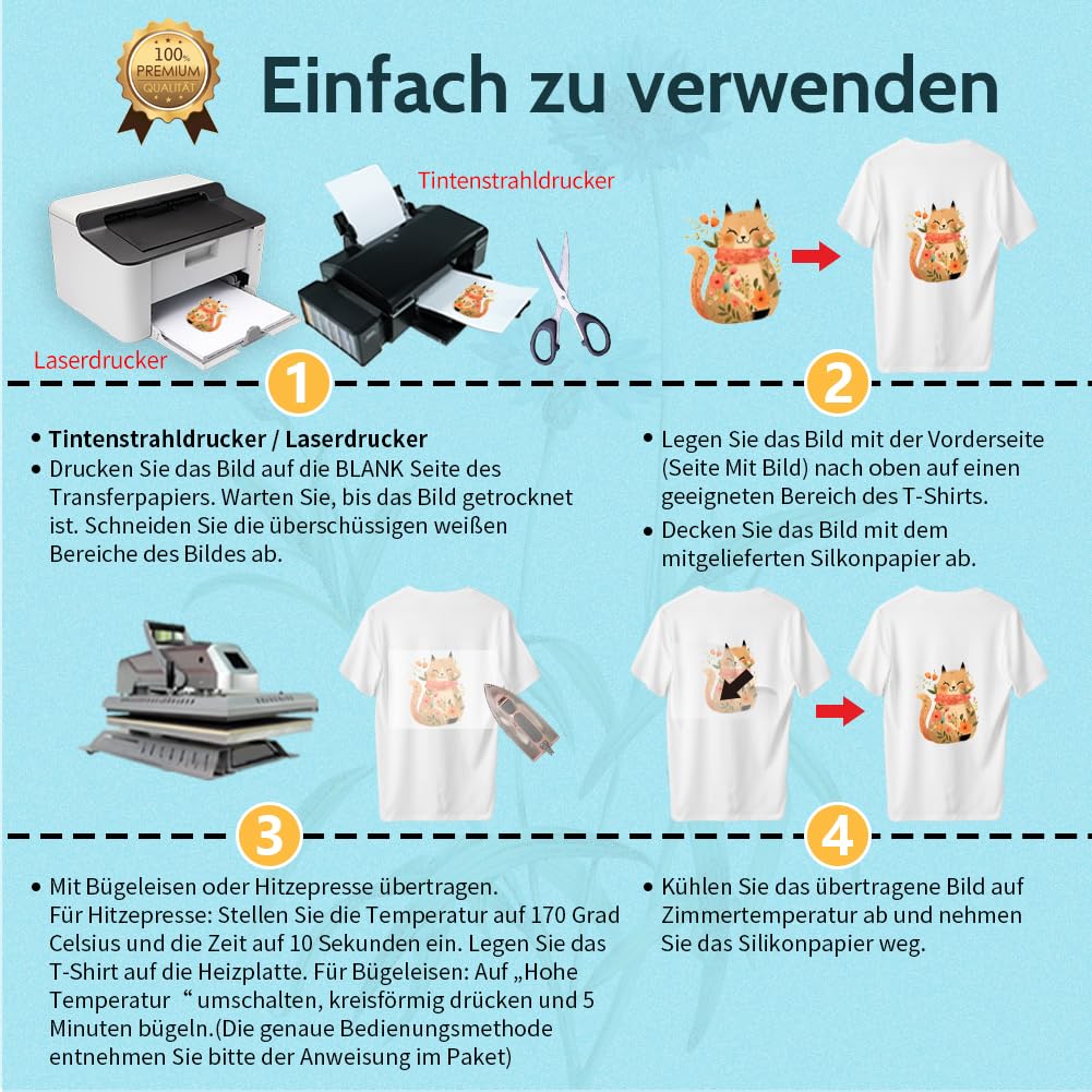 TransOurDream 40 sheets A4+4 A3 silicone paper, REAL inkjet/laser transfer film, transfer paper, textile film for inkjet printers, laser printers, printable iron-on film for light T-shirts, transfer paper