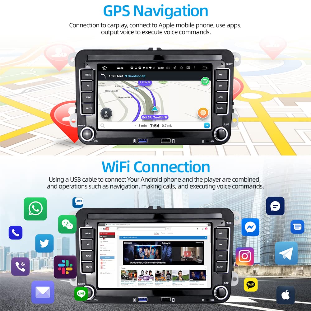 Podofo car radio for VW Golf 5 6 Polo Seat Skoda Passat B6 radio with wireless Apple CarPlay Android Auto Android 7 inch car radio with screen Bluetooth/HiFi/WLAN/GPS/RDS radio + backup camera.