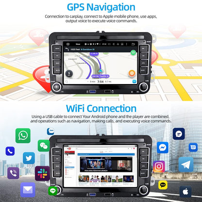Podofo car radio for VW Golf 5 6 Polo Seat Skoda Passat B6 radio with wireless Apple CarPlay Android Auto Android 7 inch car radio with screen Bluetooth/HiFi/WLAN/GPS/RDS radio + backup camera.
