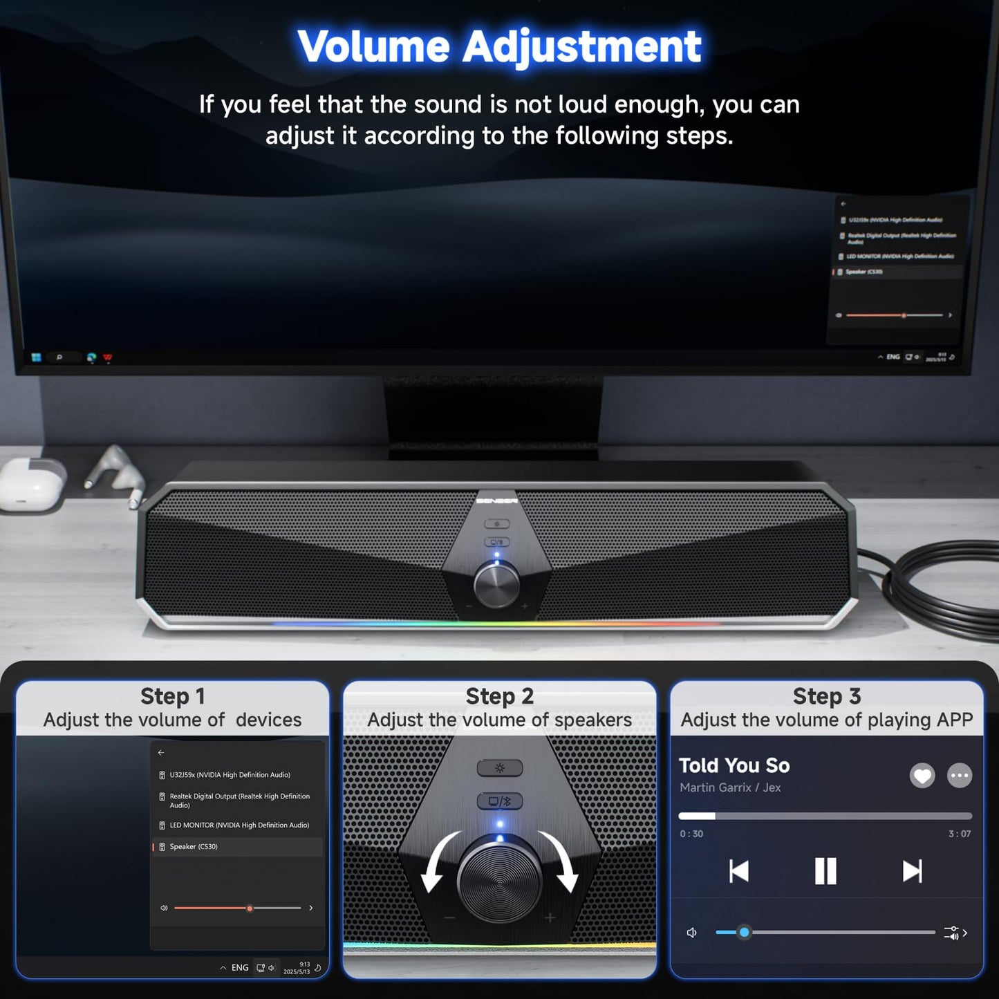 SENZER CS30 PC speakers, speakers for PC computer, black PC soundbar, USB powered, and Bluetooth mode for smartphones and mobile devices. Works for PC (not 3.5mm jack).