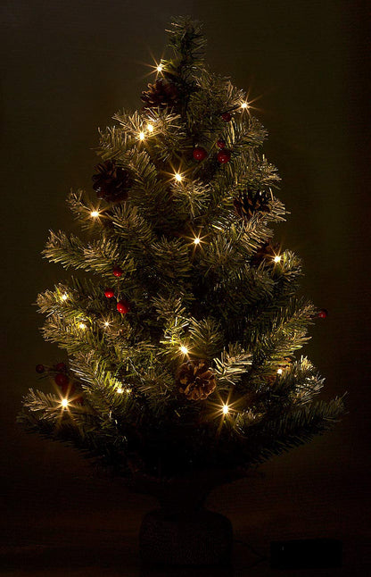 British Fir Tree Decoration: Decorative Christmas tree with 30 LEDs, pine cones, and yew berries, 60 cm (small Christmas tree, small fir trees, wireless Christmas tree lighting)