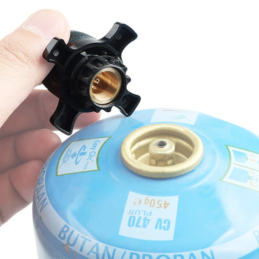 Jeebel Camp Valve Cartridge Adapter for Campingaz Easy-Click/CV gas cartridges. Transition from bayonet fitting to 7/16" screw thread connection.