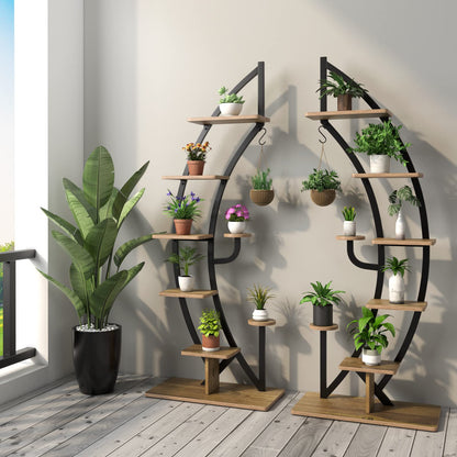 COMFOTTEU 5-tier Plant Stand, Metal Plant Pot, Plant Stand with Tilt Protection, Plant Holder with 7 Tiers & 1 Hook, Display Stand for Patio Garden Balcony, Black (2 Pieces)