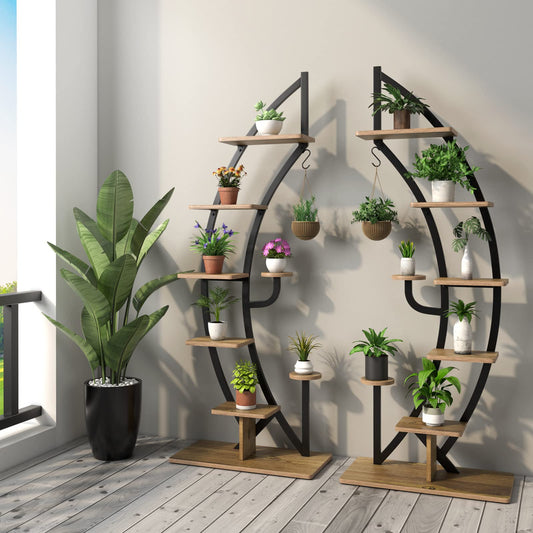 COMFOTTEU 5-tier Plant Stand, Metal Plant Pot, Plant Stand with Tilt Protection, Plant Holder with 7 Tiers & 1 Hook, Display Stand for Patio Garden Balcony, Black (2 Pieces)