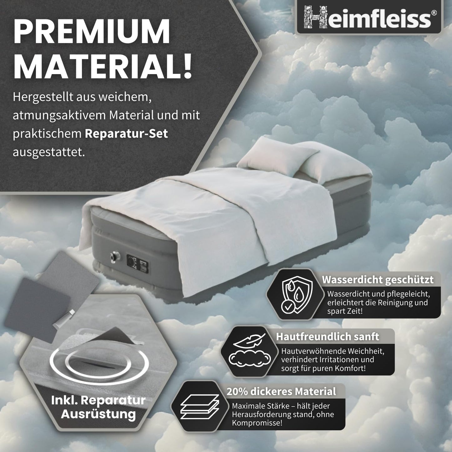 Home Bliss® air mattress for 1 person | Premium self-inflating air bed 100x200 cm | Quickly inflatable mattress perfect for guest bed & travel bed | Self-inflating camping air mattress + pump