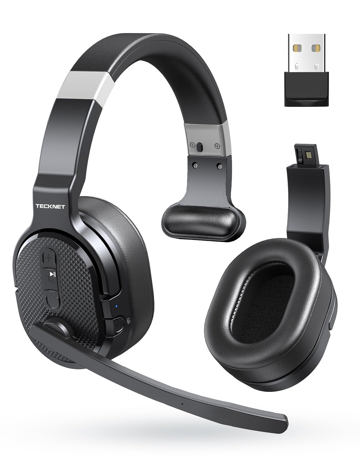 TECKNET Bluetooth headset with microphone, noise cancelling single and dual over-ear headset wireless with USB dongle, 3 EQ music modes, wireless PC headphones for office, home, Zoom, Microsoft Teams.