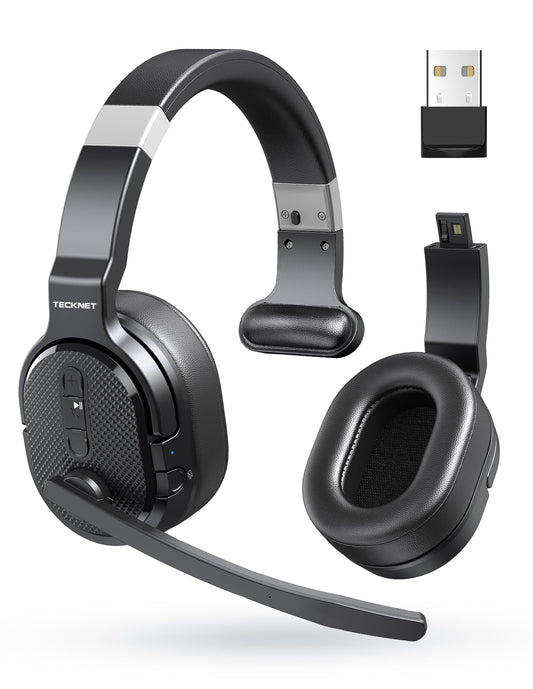 TECKNET Bluetooth headset with microphone, noise cancelling single and dual over-ear headset wireless with USB dongle, 3 EQ music modes, wireless PC headphones for office, home, Zoom, Microsoft Teams.