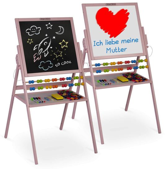 Children's magnetic whiteboard and chalkboard with wooden easel, Ricokids (pink)