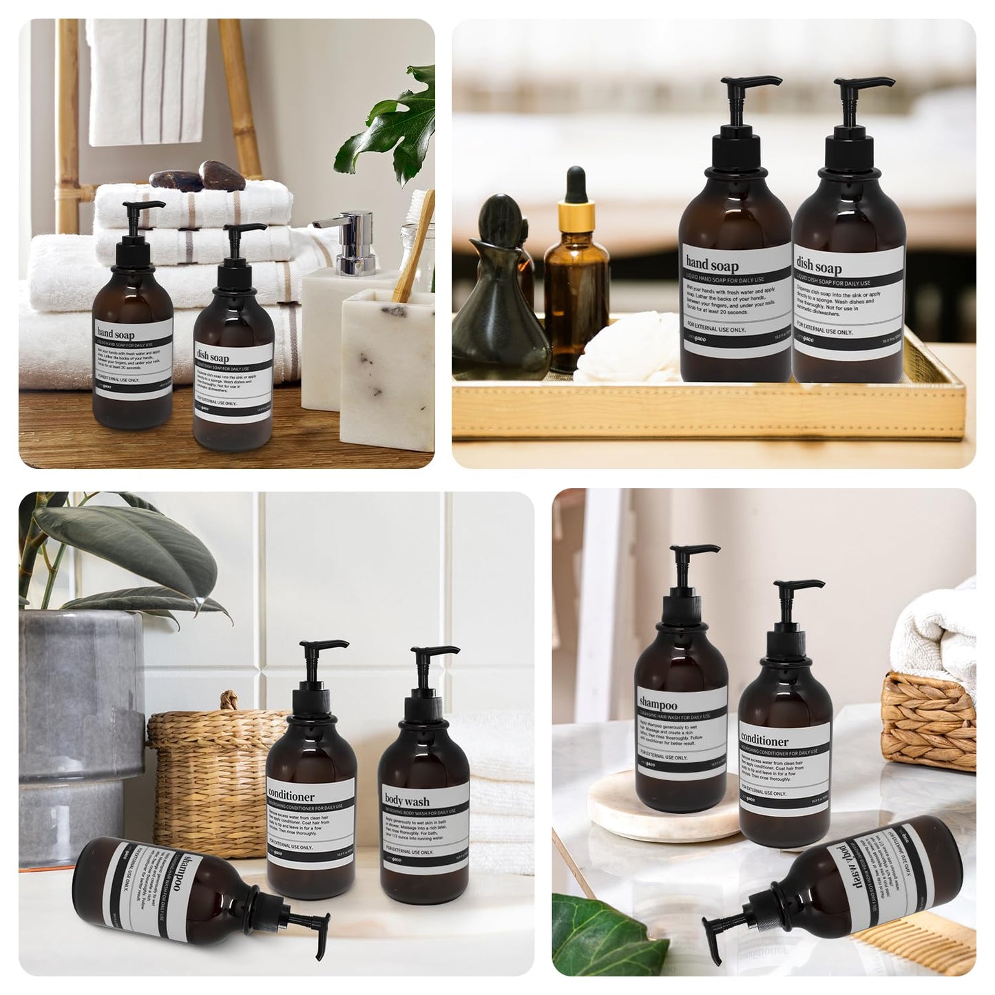 3 pieces Soap Dispenser Wall Mount, 500ml Shampoo Conditioner Body Wash Dispenser with Pump and Waterproof Labels for Kitchen Bathroom (With Stainless Steel Wall Mounts, Amber, No Drilling)