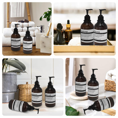 3 pieces Soap Dispenser Wall Mount, 500ml Shampoo Conditioner Body Wash Dispenser with Pump and Waterproof Labels for Kitchen Bathroom (With Stainless Steel Wall Mounts, Amber, No Drilling)