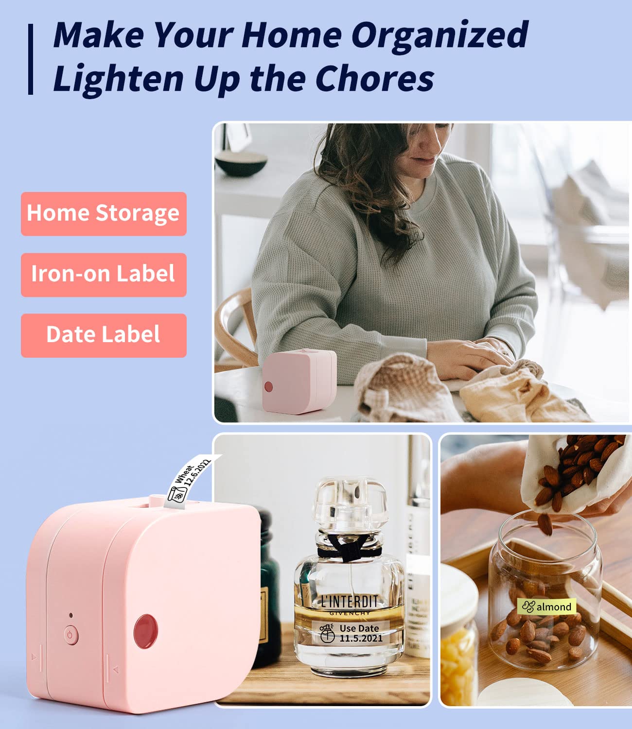 Phomemo P12 Mini Bluetooth Labeling Machine, self-adhesive label maker compatible with iOS & Android phones. Thermal label printer for home and office use - Pink.