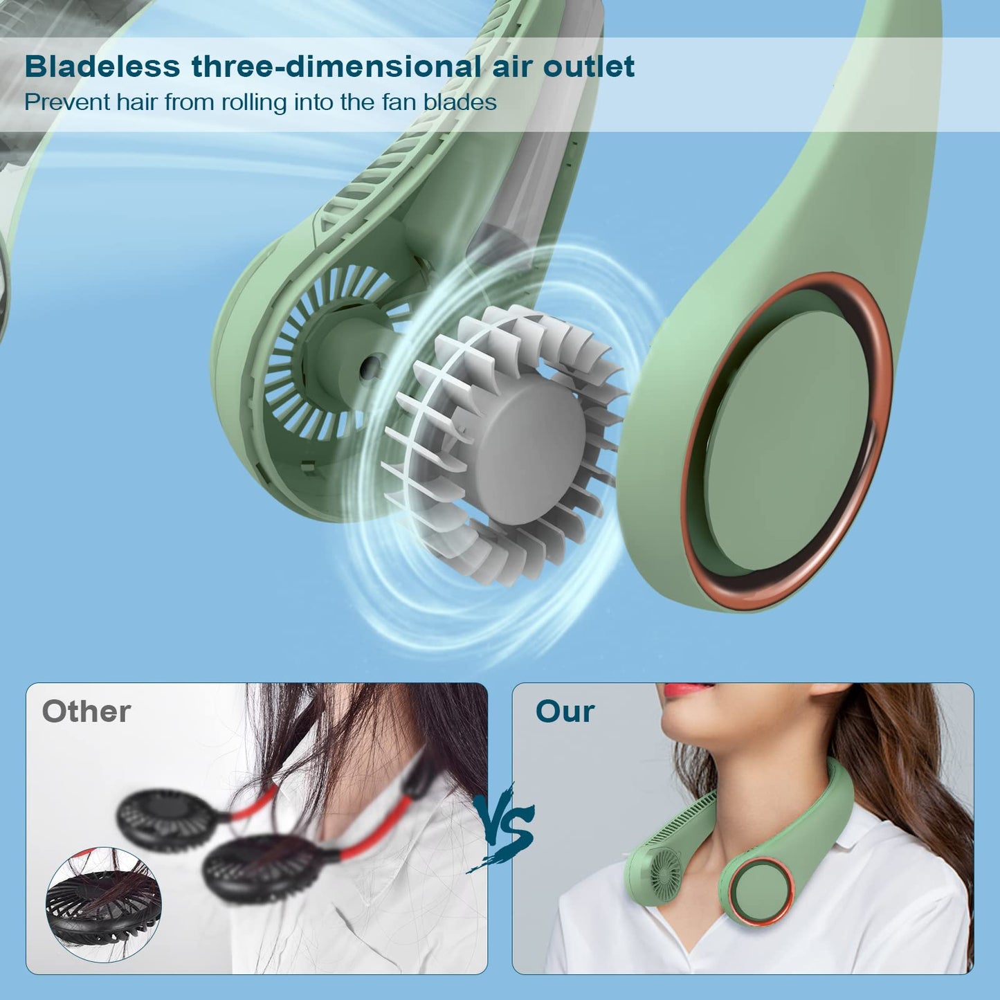 CIVPOWER Portable Neck Fan, hands-free fan, cooler, personal fan, 3 speed settings, USB powered neck fan for outdoor and indoor use, light green