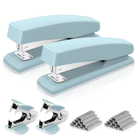 Deli desktop stapler, 2-pack, office stapler, 25-sheet capacity, includes 2000 staples and 2 staple removers, 2 pieces, blue.