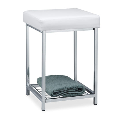 Relaxdays, white padded stool, small seat stool, square, padded stool with storage, bathroom stool, dimensions 47x33x33cm.