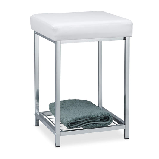Relaxdays, white padded stool, small seat stool, square, padded stool with storage, bathroom stool, dimensions 47x33x33cm.