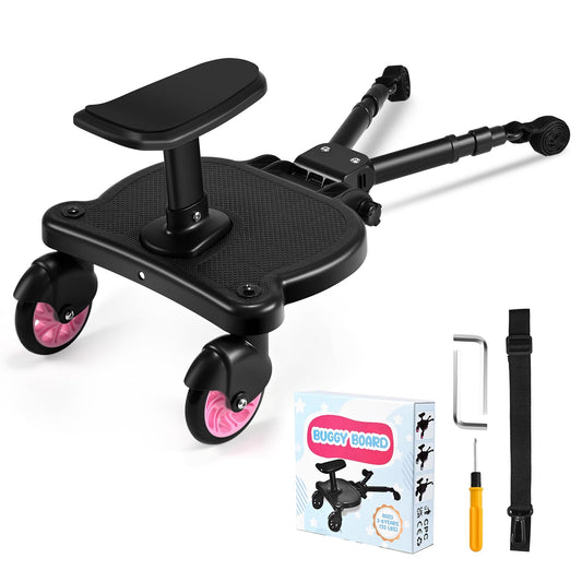Buggy Board with Seat, FNRIDS Stroller Ride On Board Universal, with Hanging Strap, stable Two Wheel Design, 360 degree rotation, Stroller Accessory for children aged 2 to 6 years (25 kg) (Pink)
