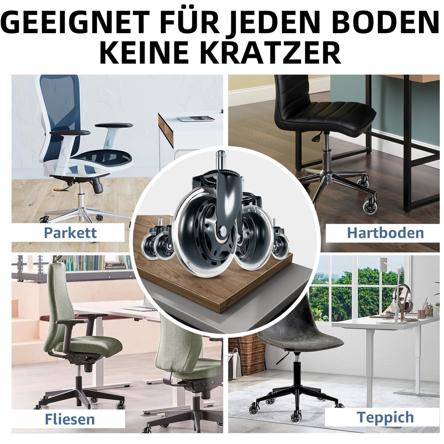 Sytopia office chair casters with 10mm x 22mm stem, set of 5 large casters for office chairs, super quiet and soft hard floor casters, only compatible with IKEA office chairs, matte black, 90mm height