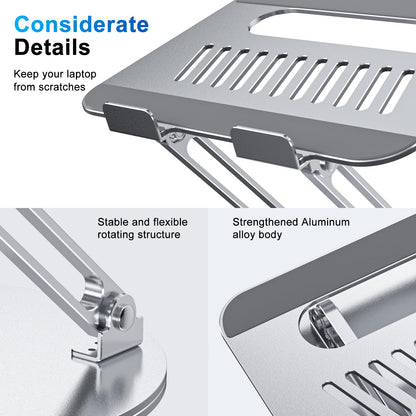 Height-adjustable, foldable laptop stand with ergonomic ventilation and 360° rotating base. Compatible with notebooks, MacBook Air/Pro, Dell, HP, and laptops ranging from 11-16".