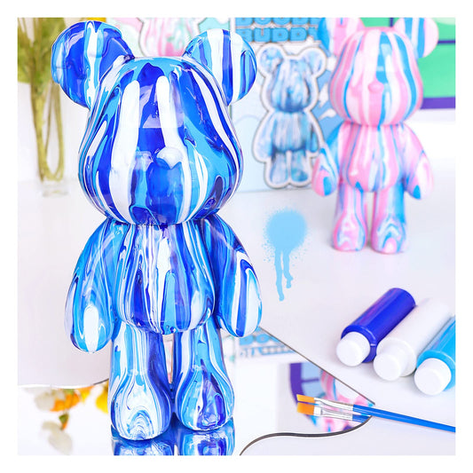 Coniuty, DIY creative kit with unpainted fluid bear figure, multicolor paint design for home decor (Blue, Fluid Bear)