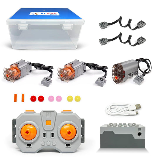 Technology Power Functions Motor Set, 2x L Motor, 1x Servo Motor, remote control, battery box, extension cable for Technic cars, compatible with Lego.