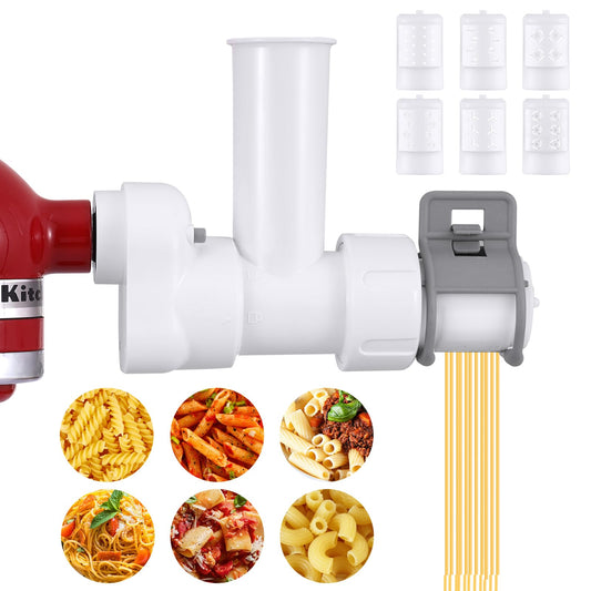 Pasta Maker Attachment for KitchenAid Stand Mixer, 6 different shapes of pasta output, durable pasta press attachments and cleaning brush, White.