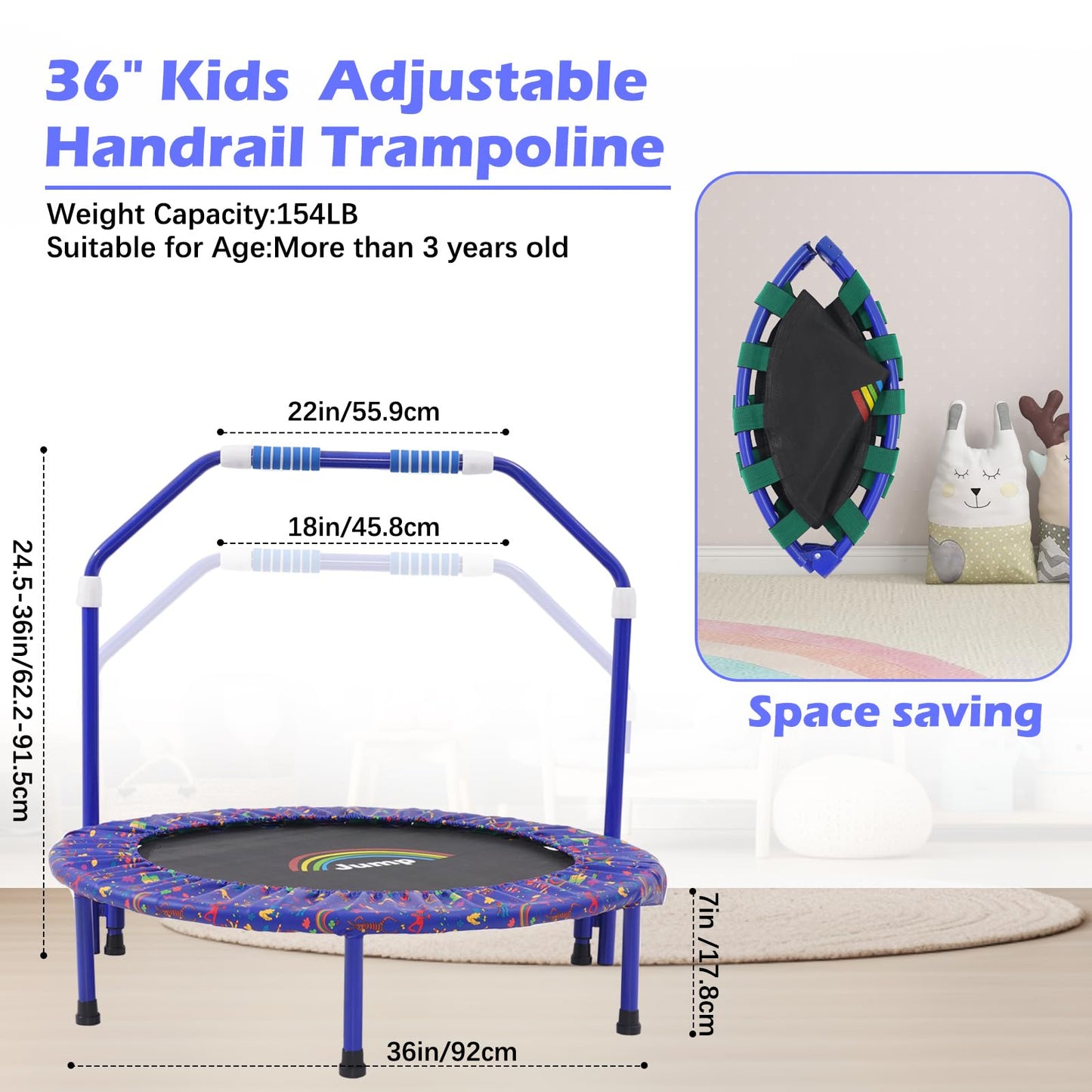 Trampoline for Kids|Approx. 91 cm diameter|Foldable rebounder for mini trampoline with foam handle, safety pads, and durable cover for indoor and outdoor use|Trampoline for jumping fitness (Blue)