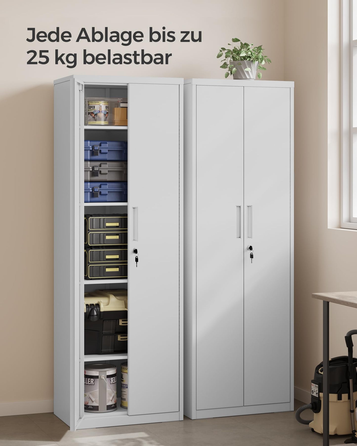 SONGMICS Filing Cabinet, Multipurpose Cabinet, Steel Storage Cabinet, 5 Levels, Double Doors, Lock, Tool Cabinet, Adjustable Shelves, Garage, Office, Living Room, Gray OMC014G01