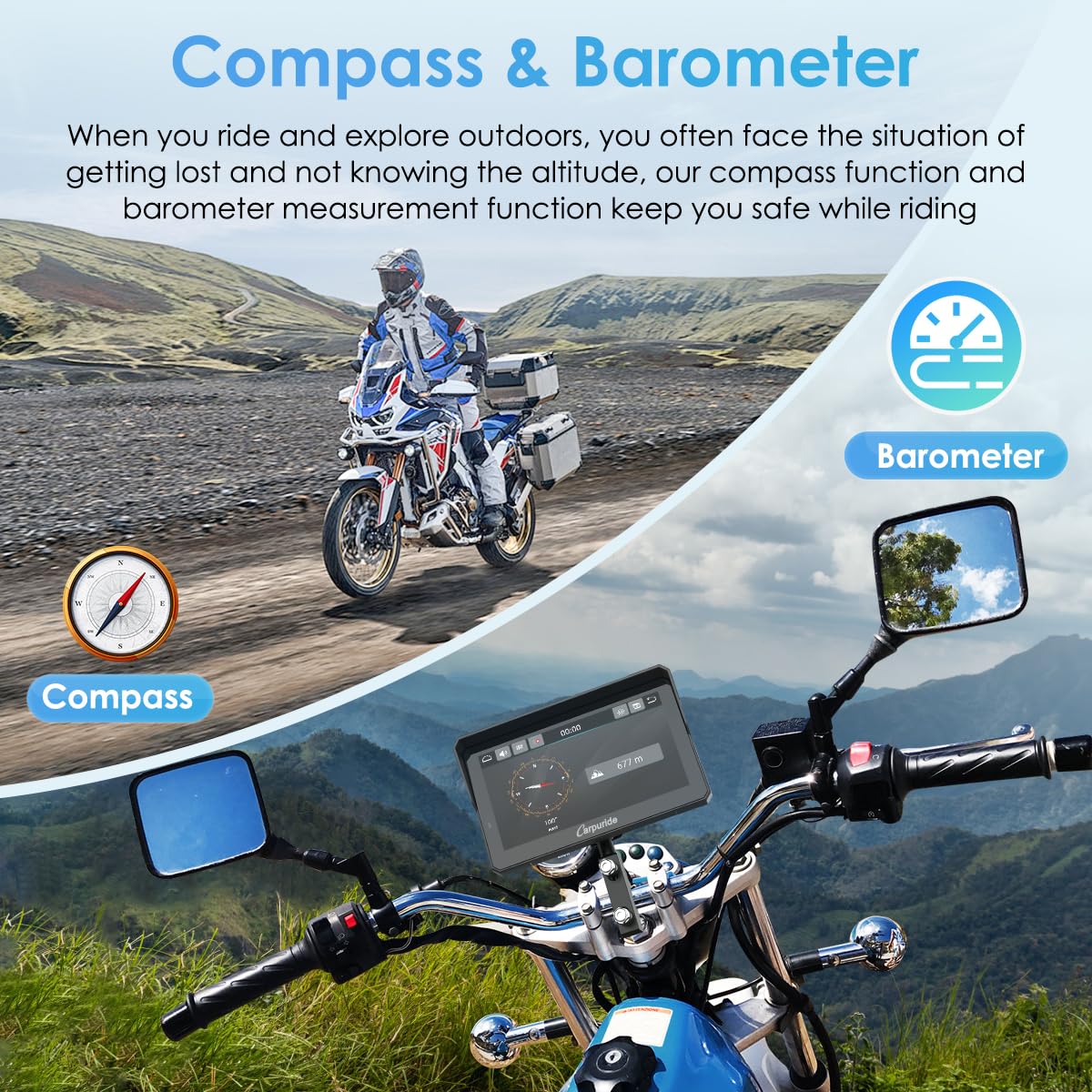 The Carpuride W702 Pro motorbike Carplay screen features intercom function, wireless CarPlay and Android Auto, portable waterproof 7-inch touchscreen, improved dual Bluetooth, navigation, compass.