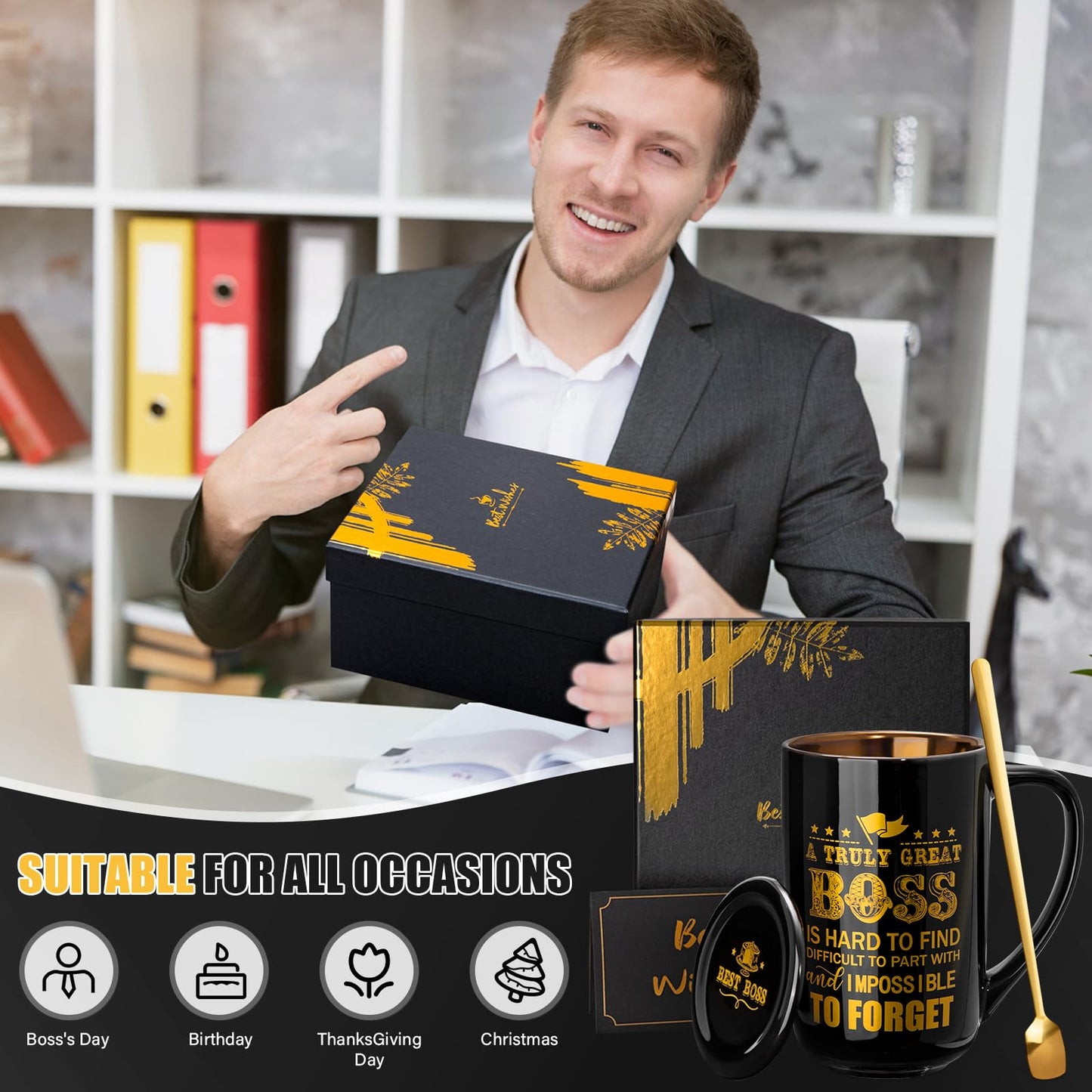 Doublewhale Boss Gifts, Best Boss Mug, Gifts for Men for Birthday, Farewell, Night Out, Retirement, Boss Day, Christmas, 530ml, black ceramic coffee mug with spoon lid card, beautiful.