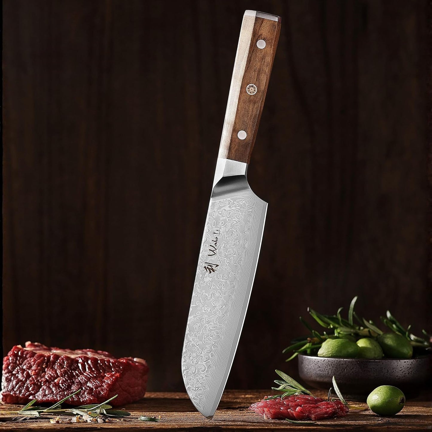 Wakoli Oribu kitchen knife with sharp 17.5 cm Damascus blade made of 67 layers of Damascus steel - Santoku knife with olive wood handle - vegetable knife - sharp knife in gift box - utility knife
