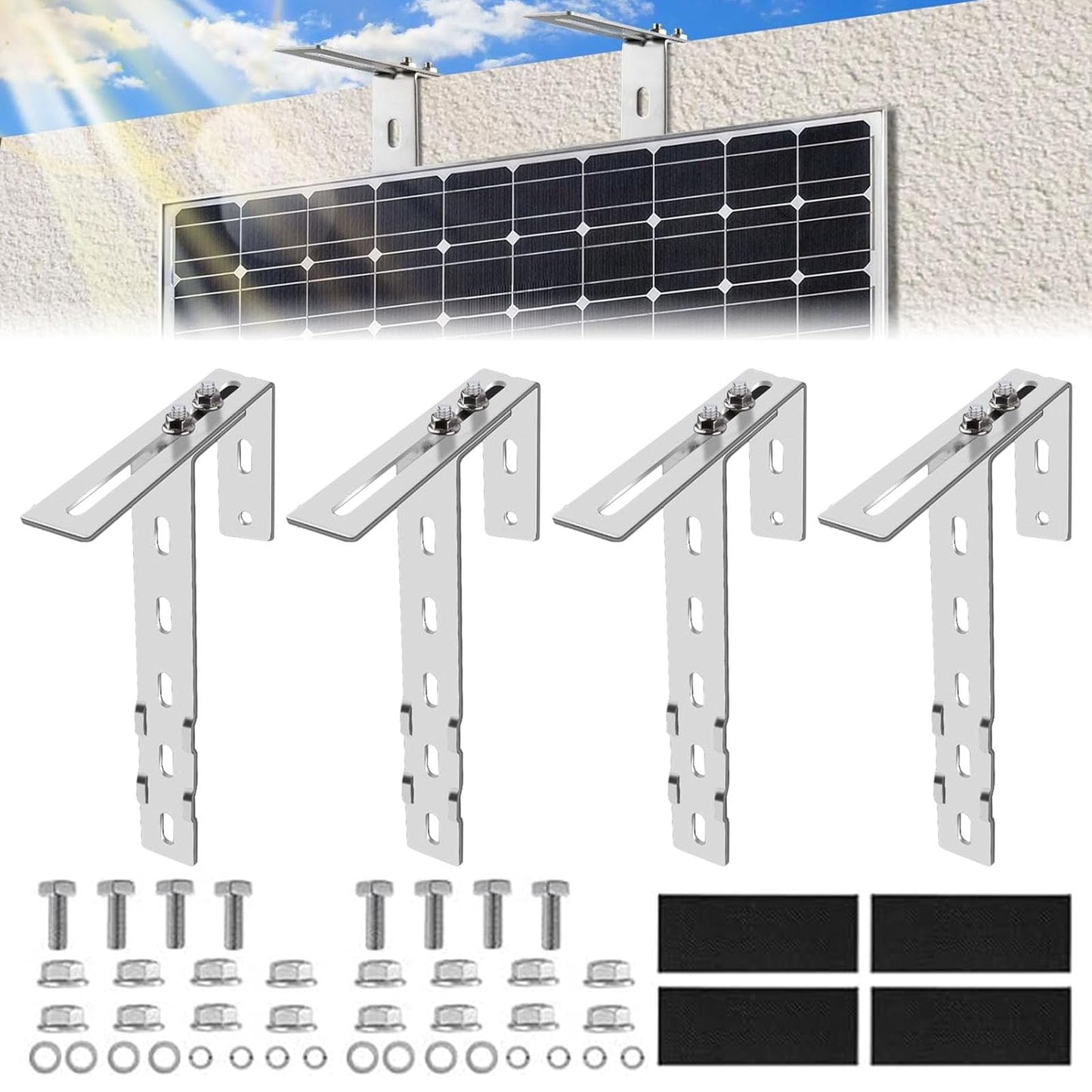 Aolawco 4 Piece Solar Balcony Power Station Bracket Balcony Hook Set, Adjustable Balcony Mount for Solar Panels, Solar Panel Bracket No Drilling Required for Solar Module Round Square Balcony Area