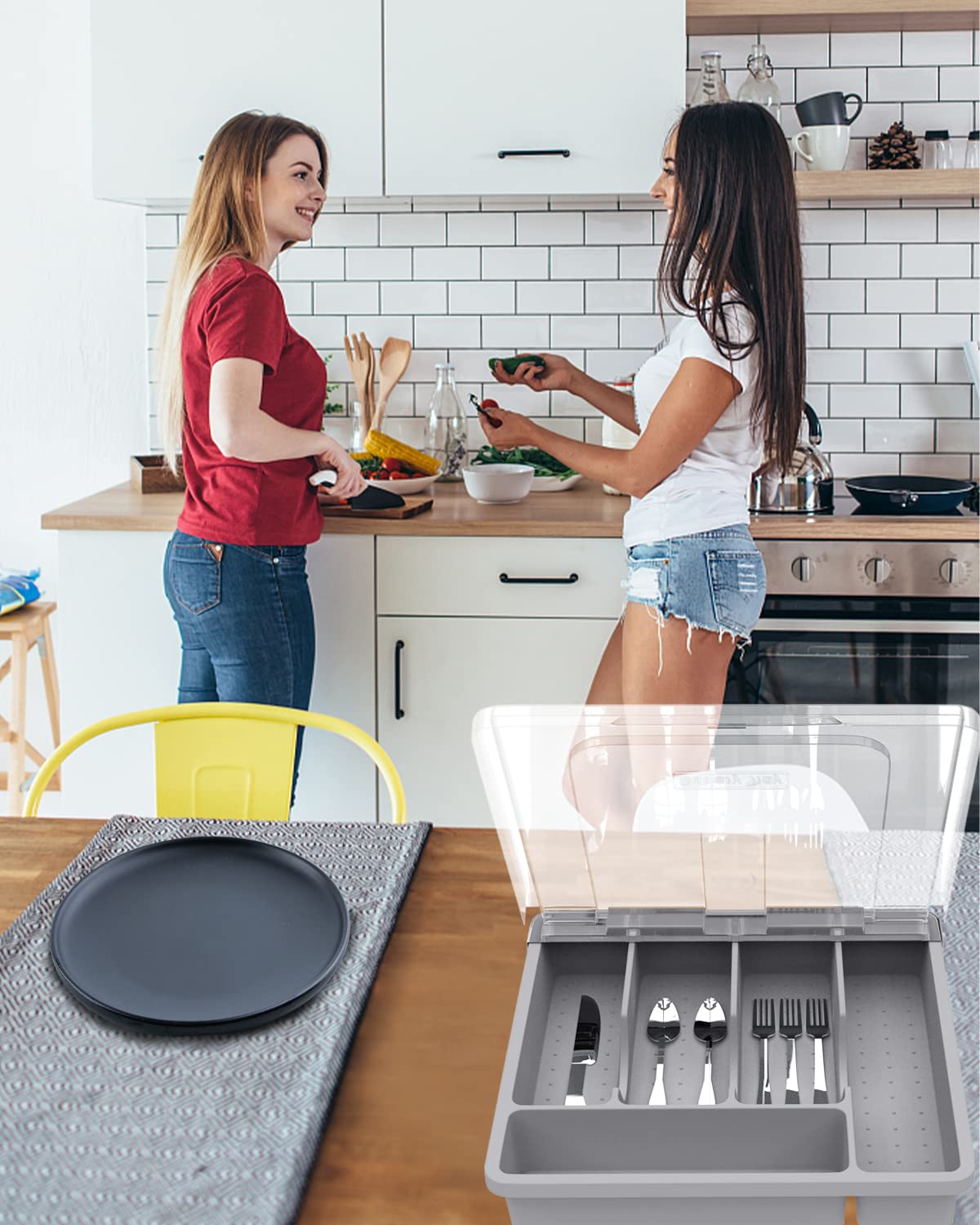 HIMAugbo cutlery box with lid, cutlery box for camping, plastic cutlery storage sorting tray for countertop/travel/kitchen board 30 x 30 x 7 cm, gray