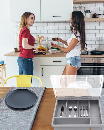 HIMAugbo cutlery box with lid, cutlery box for camping, plastic cutlery storage sorting tray for countertop/travel/kitchen board 30 x 30 x 7 cm, gray
