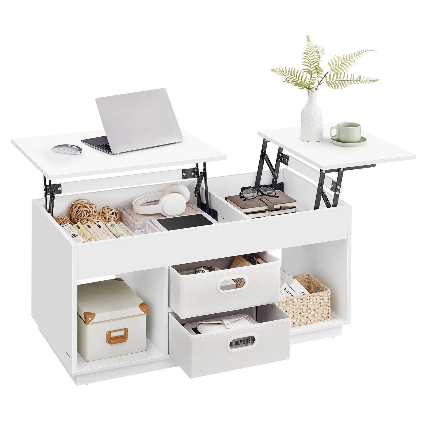 VASAGLE coffee table, adjustable in height, 2 drawers and hidden compartments, open storage shelves, for living room, home office, snow white LCT210W01