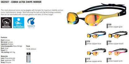 ARENA Cobra Ultra Swipe Mirror Unisex Race Swim Goggles for adults, diving goggles with curved mirror lenses, anti-fog, UV protection, 5 interchangeable nose bridges.