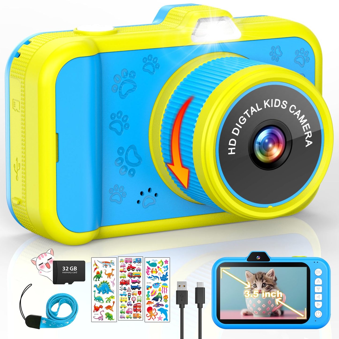 Children's camera with 3.5" display | 360° zoom lens | Selfies & LED flash | Digital camera with 32GB card | Toy for kids 3-12 | Blue