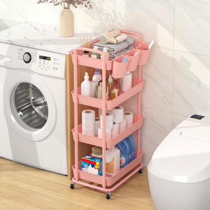 JIUYOTREE 4-tier plastic rolling cart with additional hanging handles, locking wheels for living room, bathroom, kitchen, office, Pink.